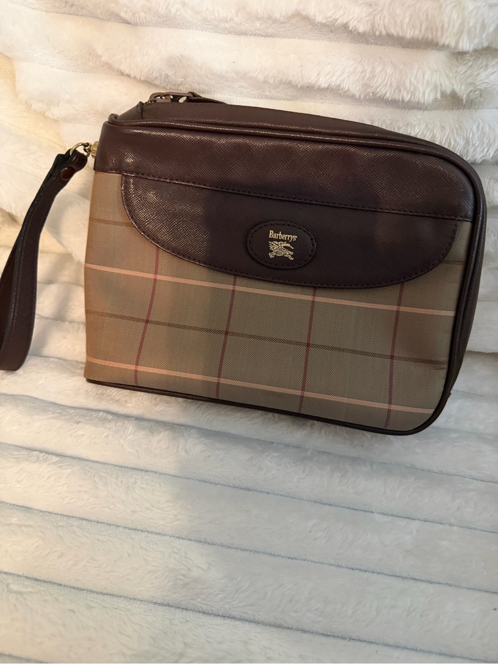 Vintage Burberrys Nova Check Canvas  & Brown Leather Clutch Wristlet Pouch